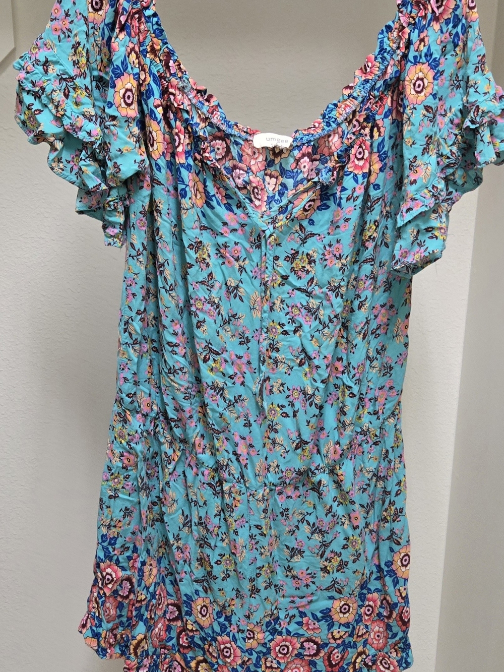 Umgee Turquoise Floral Off-Shoulder Ruffle Sleeve Tunic